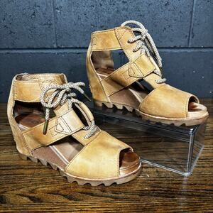 Sorel Joanie Lace Wedge Sandals Women’s 7 Tan Leather Lace Up Comfort